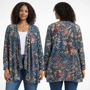 Women's Emerald Open-Front Textured Cardigan – Floral Stripe – Stretchy - 2X NEW